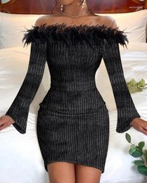 Casual Dresses Womens Spring Fashion Off Shoulder Feather Detail Velvet Plain Long Sleeve Bodycon Party Mini Dress