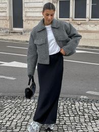 Women's Jackets Elegant Woolen Pocket Jacket Women Loose Solid Long Sleeve Thick Gray Coat Female 2023 Casual Chic Office Lady Outerwear
