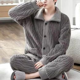 Men's Sleepwear Thickened Pyjamas Set Cosy Winter Homewear Plush Lapel Pyjama With Elastic Waist Water Wave Texture Warm Pockets For Men