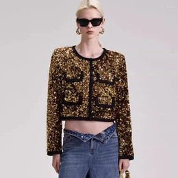 Women's Jackets Small Fragrance Women O Neck Gold Sequin Tweed Coat 2023 Autumn Winter Fashion Ladies Long Sleeve Diamond Buttons Outwear