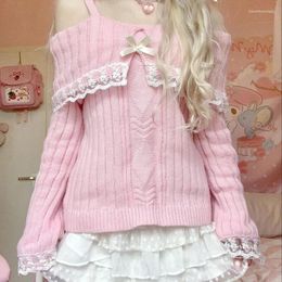 Women's Sweaters Pretty Cute Outfits Harajuku Cosplay Sweater Kawaii Lace Trim Off Shoulder Pullovers Y2K Aesthetic Vintage Long Sleeve