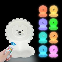 Night Lights Silicone Lion LED Night Light Touch Sensor Remote Control 9 Colours Dimmable Timer USB Rechargeable Kids Baby Bedroom Lamp Gift YQ231204