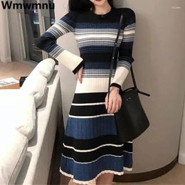 Casual Dresses Stripe Knitted Midi Dress Slim O-neck Bottoming Sweater Korean Fashion Long Sleeve Vestidos Fall Women Knitwear Robe