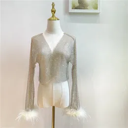 Women's Jackets Disco Sexy Diamond Crystal Mesh Shirt Top Bling Temperament Full Rhinestone Outer Wear Patchwork Feathers Cardigon