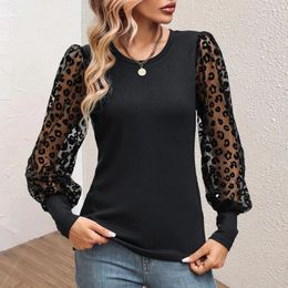 Women's T Shirts Women Spring Fall Top See-through Mesh Leopard Print Knitted Slim Fit Patchwork Long Sleeve Commute T-shirt Blouse