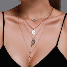 Fashion Crystal Snake Necklace Multi-layer Four-layer Oval Pendant Sweater Chain Necklaces216n