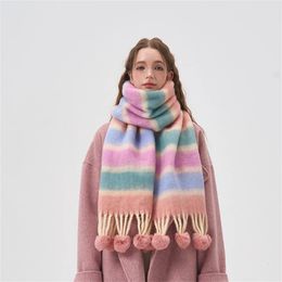 Scarves Winter Cashmere Scarf Women's Thicken Warm Hairball Tassel Shawls Wraps Rainbow Hairy Bufand hombre Pareo Christmas Gift 231204