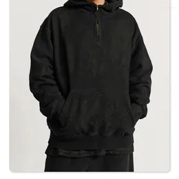 Men's Hoodies 2024 Fashion 390gsm Fleece Blank Black Half Zipper Oversized Acid Washed Vintage High Street