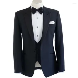 Men's Suits Navy Blue Business Men Suit One Button Peaked Lapel Wedding Tuxedos For Groom Three Piece (Jacket Vest Pants)