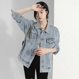 Women's Jackets Autumn Fashion Vintage Beaded Women Short Denim Coat Light Blue Single-breasted Lapel Long Sleeve Jeans Jacket Casual Ropa