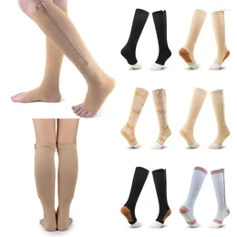 Women Socks Unisex Zipper Compression Over Calf Knee High 15-20 MmHg Open Toe