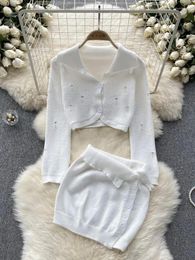 Work Dresses Korean Style White Hollow Out Knitted Suit Brown Polo Collar Buttons Design Short Cardigan Single Breasted Mini Skirt Women Set