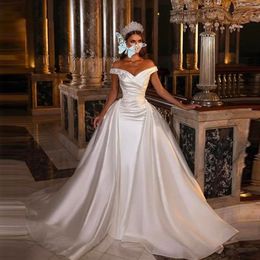 Satin Bridal Sleeveless Gowns Charming A Line Off The Shoulder Wedding Dress Lace Appliques Brides Vestidos De Novia YD