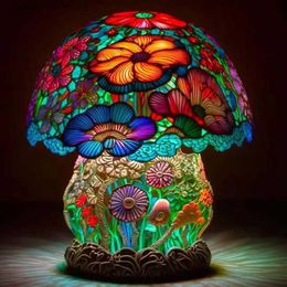 Night Lights Retro Stained Glass Plant Series Table Lamps Colorful Flower Mushroom Creative Table Night Lamp Bedroom Bedside Atmosphere Light YQ231204