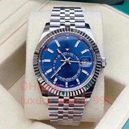 Men Watch Automatic Mechanical Stainless Steel Calendar SkyDweller Classic Blue Dial Business Master Wristwatch Quality GMT Dual Time Zone 24H Dial Card