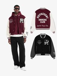 Cross border trendy brand REPRESENT letter embroidered flocked leather sleeve patchwork baseball suit men's cardigan jacket jacket jacket