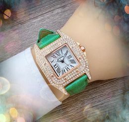 Famous Square Roman Tank Dial Watch Luxury Fashion Crystal Diamonds Ring Watches Women Quartz Battery Super Bright Leather strap chain bracelet wristwatch gifts