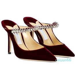 Wine-red/Black Velvet Bing Sandals Shoes Sexy Pointed Toe Crystal Straps Pumps Mules Lady High Heels Party Wedding Bridal Gift With Box