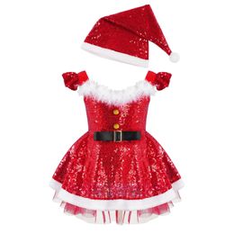 Girl s Dresses Kids Girls Elf Christmas Costume Shiny Sequins Faux Fur Dress with Santa Clause Hat Xmas Year Party Performance Dancewear 231204