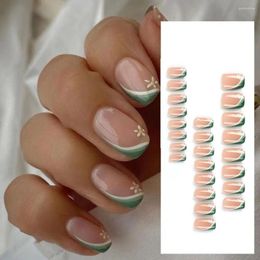 False Nails Cute Flowers Green White Patchwork French Wearable Finished With Cover Press Glue On Full Fake Squa S7B3