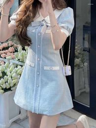 Casual Dresses Korean Women Sweet Bow Blue Short Dress Vestidos De Gala Y2K Cortos Fiesta 2023 Robe Ete Kawaii Clothes