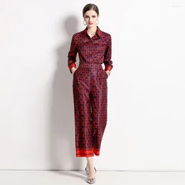 Women's Two Piece Pants Runway Letters Print Red Suit Long Sleeve Blouse Shirts High Waist Pocket Wide Leg Trousers 2 Pieces Set N9873