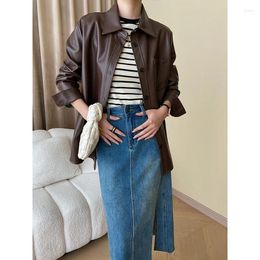 Women's Jackets Brown Pu Leather Oversized Jacket Green White Black Casual Long Blazer Coat