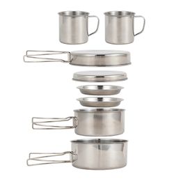 Camp Kitchen 8PCS Camping Cookware Kit Portable Lightweight Stainless Steel Cooking Pot Pan Set with Plates Cups for Outdoor Picnic Hiking 231204