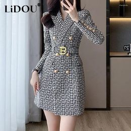 Casual Dresses Autumn Winter Elegant Fashion Double Breasted Printing Blazer Dress Ladies Long Sleeve Temperament Waist Mini Vestido Women