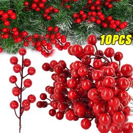 Decorative Flowers 10/1Pcs Christmas Red Berries Plastic Artificial Holly Branches DIY Xmas Tree Garland Gifts Year Party Decors