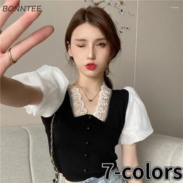 Women's T Shirts Vintage T-shirts Women Fashion Lantern Sleeve Lace Classic Crop Tops Elegant All-match Korean Style V-neck Sexy Young Slim