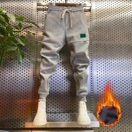 Men's Pants Winter Trousers Drawstring Elastic Waist Thick Plush Pocket Loose Patchwork Solid Colour Sweatpants