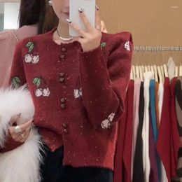 Women's Sweaters Hsa Cherry Knitted Cardigan Autumn And Winter Women Elegant Single-breasted Red Jacquard Outer Soft Waxy