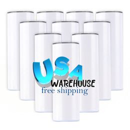 USA CA Free Shipping Double Wall Sublimation Blank Cup 20 oz Skinny Sublimation Cup Straight Wall with Plastic Straw and Lid