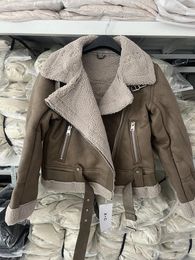 Women's Trench Coats Winter Women Faux Overcoat Suede Shearling Sheepskin Leather Jacket Thick Parka Warm Lamb Fur Short Motorcycle Biker