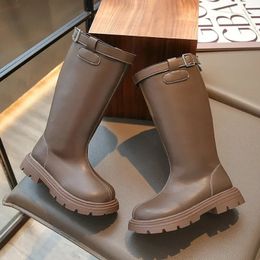 Boots 2024 Autumn Winter Girls Soft Leather Kids Knee High For Girl Tops Buckle Back Zip Big Brown Black 231204