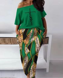 Work Dresses Sexy Women's Summer Plus Size Baroque Leopard Diagonal Neck Short Sleeve Top And Drawstring Long Skirt Two Piece Set Green