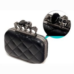 New-Fashion Woman Leather Evening Clutch Hand Bags Creepy Skull Rings Handbag Halloween Party Chain Shoulder Bag Plaid Purse XA219316T