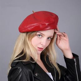 Berets Spring/Winter 100% Real Leather Beret Hat Women Fashion European Pumpkin Painter Caps Female Rainbow Color White/Red Thin Boina 231204