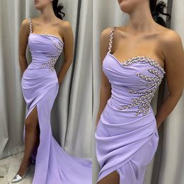 Lavender Mermaid Prom Dresses Beads Spaghetti Evening Dress Pleats Split Formal Long Special Ocn Party dress