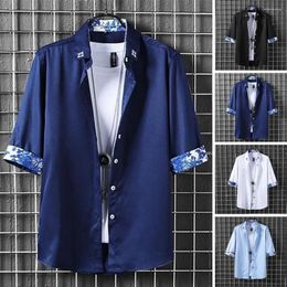 Men's Casual Shirts Men Shirt Stitching Three Quarter Sleeves Lapel Single-breasted Daily Wear Cardigan Mid Length Summer Top Male Clothe