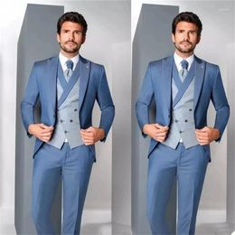 Men's Suits Est Gorgeous Blue Men Suit 3 Pcs Costume Homme Groom Prom Wedding Blazer (Jacket Pants Vest) Terno Masculino Slim Fit