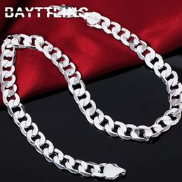 BAYTTLING 925 Silver 18 20 22 24 26 28 30 inches 12MM Flat Full Sideways Cuba Chain Necklace For Women Men Fashion Jewelry Gifts255R