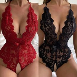 Sexy Set Crotch free red sexy lingerie womens lace hollow bra set sex clothing Teddy baby doll dress deep V open bow tie 231204