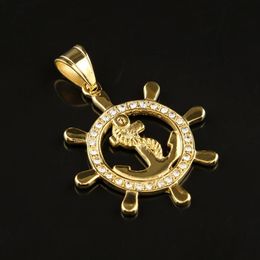 Stainless Steel Round Anchor Pendant 24K Gold Lced Out Bling Rhinestone Punk Necklace Long Cuban Chain Men Women HipHop Jewelry216c