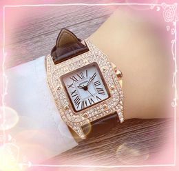 Famous Square Roman Tank Dial Watch Luxury Fashion Crystal Diamonds Ring Watches Women Quartz Movement Red Blue Pink Leather strap wristwatch gifts