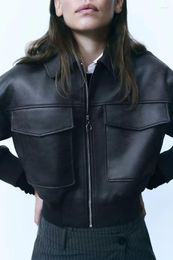 Women's Leather Imitation Zipper Pocket Bomber Jacket Coat Women Solid Colour Black Long Sleeve Basic 2023 Autumn And Winter Wome