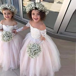 Girl Dresses Illusion Long Sleeve Tulle Girls Pageant Kids Formal Wear Birthday Christmas Baby Children Party Dress Flower