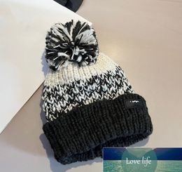 Cute Fluffy Ball Cap Women's Mixed Colour Patch Thickened Knitted Hat All-Matching Warm Earflaps Woollen Hat Fashion