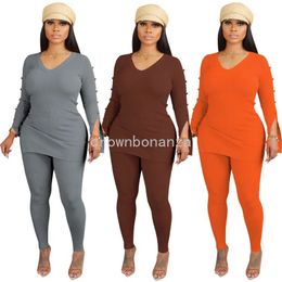 Designer Fall Winter Tracksuits Two Piece Sets Women Ribbed Outfits Long Sleeve V-neck Sweatshirt and Leggings Casual Solid Sweatsuits Bulk Wholesale Clothes